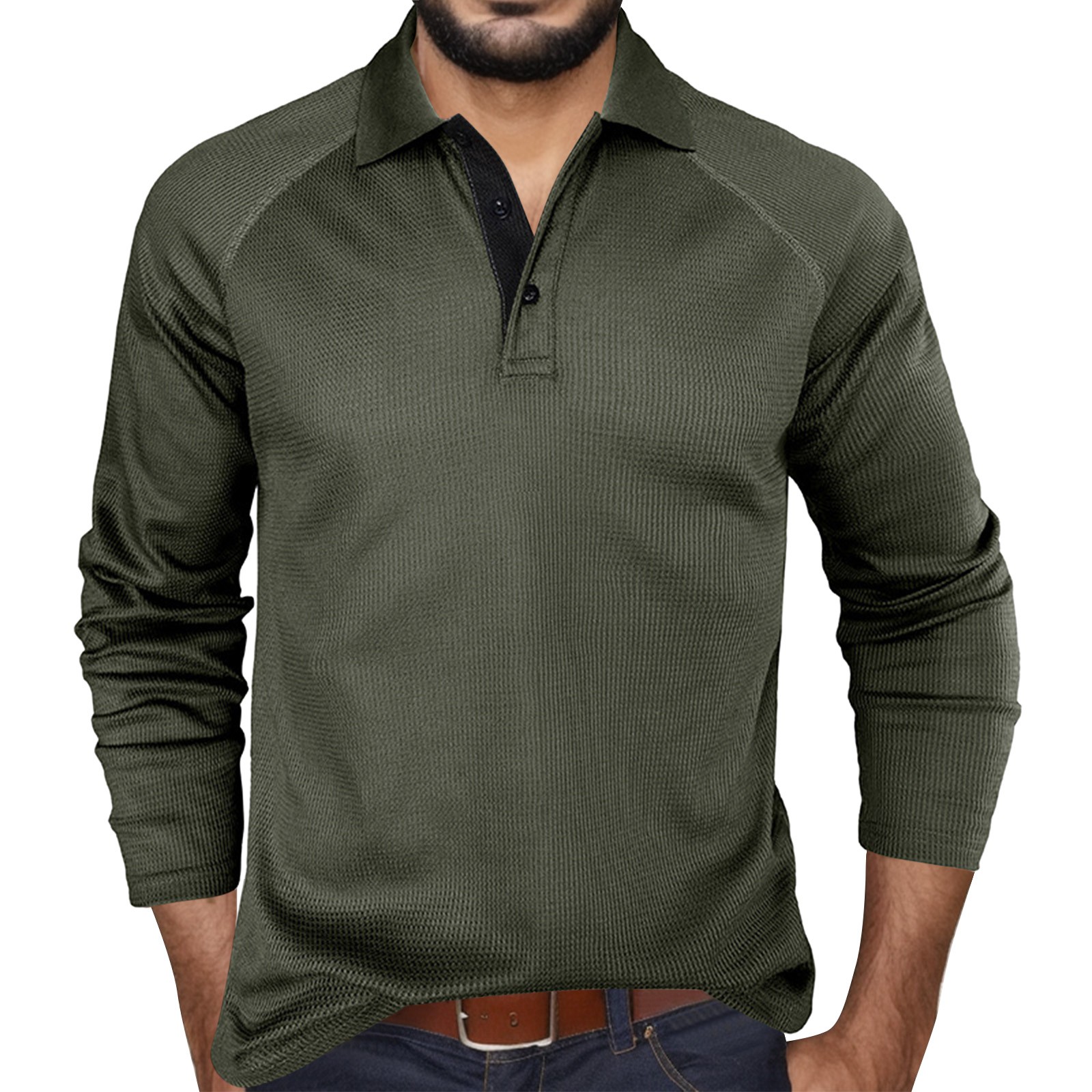 thumbnail image 2 of Camisa de manga larga para hombre, otoño-invierno, color liso, solapa a cuadros, botones, manga raglán, para ocasiones informales, de negocios y fiestas, 2 of 8